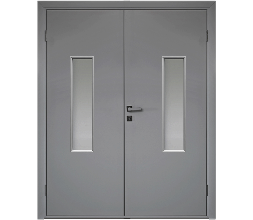 Влагостойкая дверь ПВХ EtaDoor с окном серая двухстворчатая с ПВХ кромкой