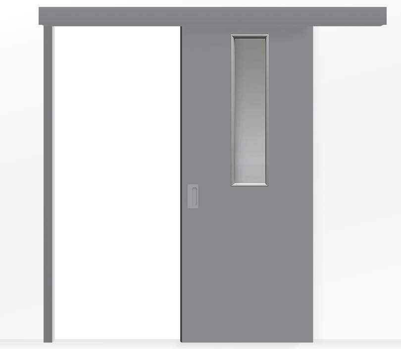 Влагостойкая раздвижная одностворчатая дверь ПВХ с окном серая