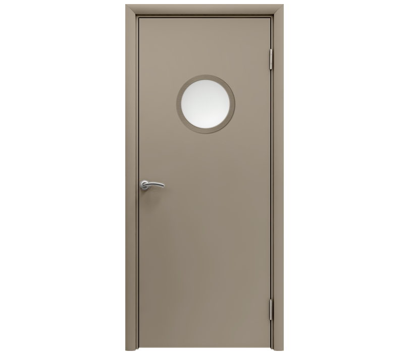 Влагостойкая дверь ПВХ EtaDoor с иллюминатором цвет мокко одностворчатая с алюминиевой кромкой