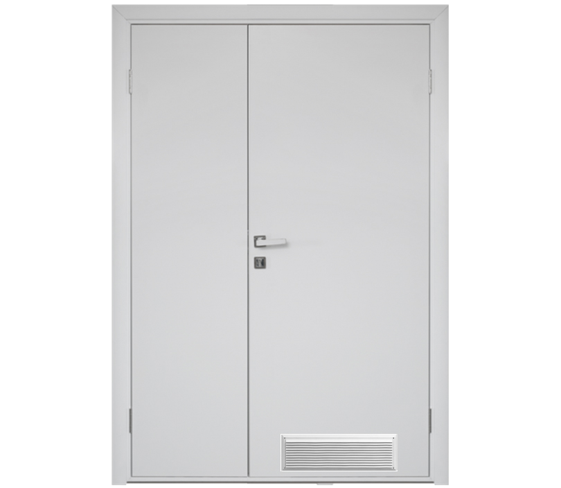 Влагостойкая дверь ПВХ EtaDoor глухая белая полуторастворчатая с вентиляционной решеткой