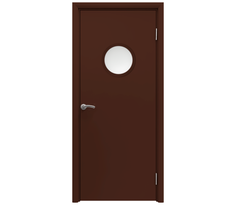 Влагостойкая дверь ПВХ EtaDoor с иллюминатором коричневая одностворчатая с алюминиевой кромкой
