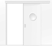Влагостойкая раздвижная одностворчатая дверь ПВХ с иллюминатором белая